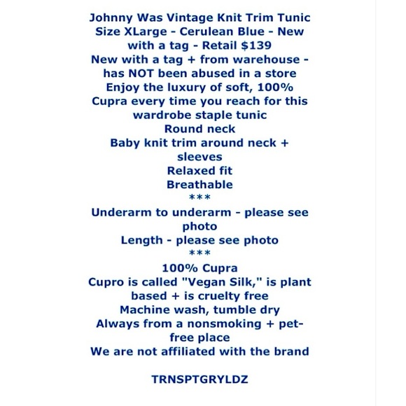 $139 Johnny Was Vintage Top X Large Knit Trim on Neck +Sleeves Blue Cerulean NWT - Picture 2 of 13